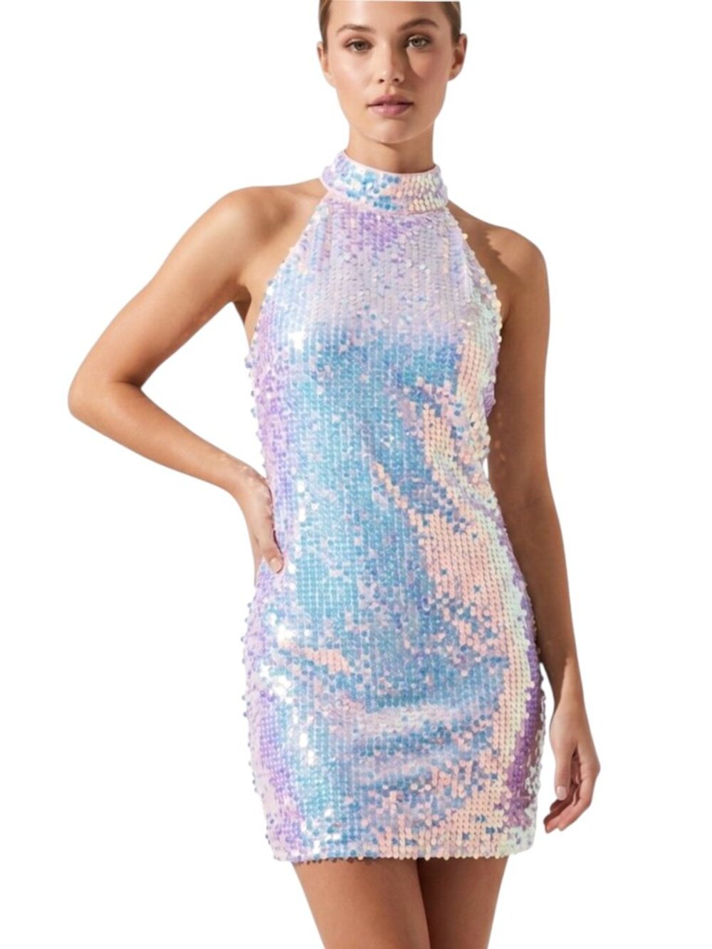 ALTAR'D STATE SEQUIN HALTER MINI DRESS OPAL GLAM SWIFTY'S TOUR MIRROR BALL NWT S